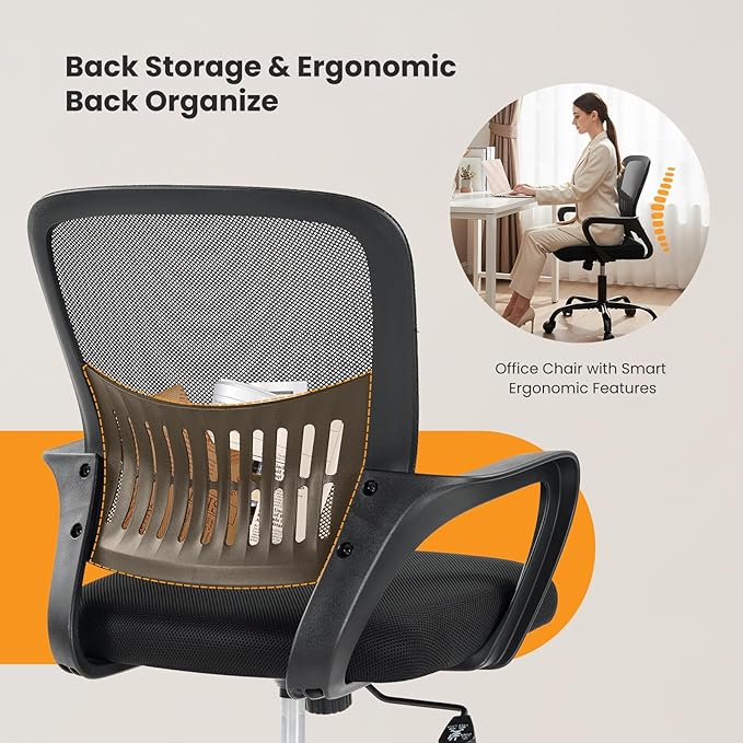 Sweetcrispy Home Office Managerial Executive Chair, Ergonomic Mesh Adjustable Swivel Mid-Back Computer Desk Chair with Comfortable Lumbar Support, Comfy Arms for Bedroom,Study