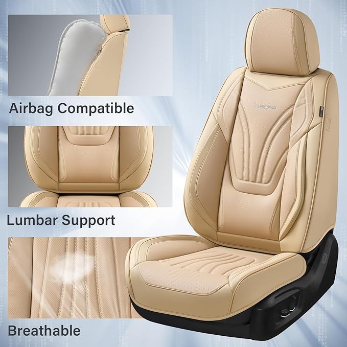 Coverado Car Seat Covers Full Set, 5 Piece Car Seat Protector with Lumbar Support & Removable Headrest, Breathable Leather Front Rear Seat Cushion Universal Fit for Truck Automotive Beige