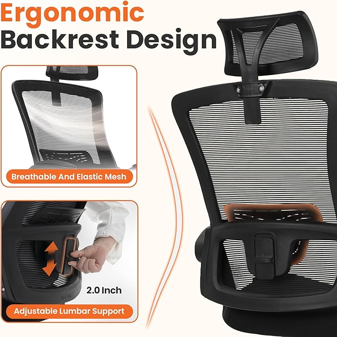 NEO CHAIR Office Desk Chair Gaming Computer High Back Support Mesh Comfy Seat with Adjustable Ergonomic Headrest Lumbar Rolling Flip-up Armrests and Wheels (Black)