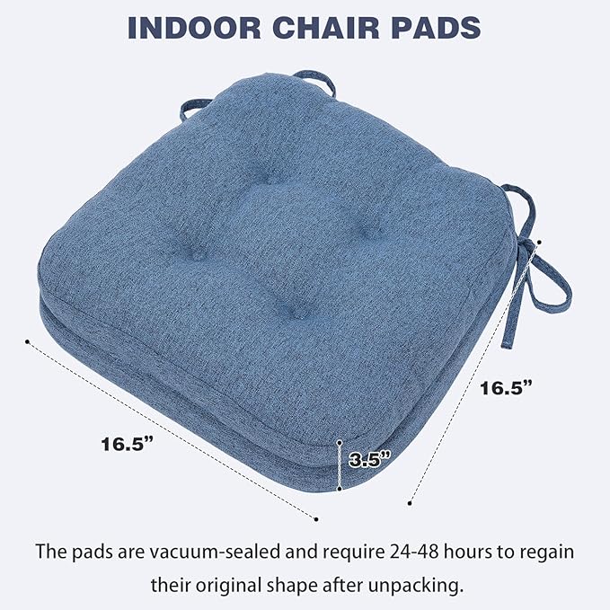 baibu Set of 4 Dining Chair Cushions, Dual-Layer Patent Design Memory Foam Kitchen Chair Cushions, Non-Slip Seat Pads with Ties, 16.5 x 16.5 x 3.5in, 4 Pack, Blue