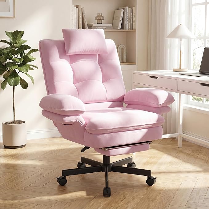 Criss Cross Office Chair with Flip-Up Armrests and Headrest, 135° Reclining Swivel Velvet Criss Cross Chair with Wheels & Foot Rest, Big and Tall Cloud Cross Legged Office Chair for Home, Pink
