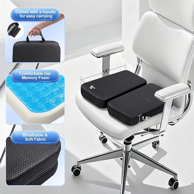 Gel Memory Foam Seat Cushion with Washable Cover Non-Slip Thick Chair Cushion with Portable Handle & Storage Pocket Adjustable Chair Pad for Long Sitting (Black)