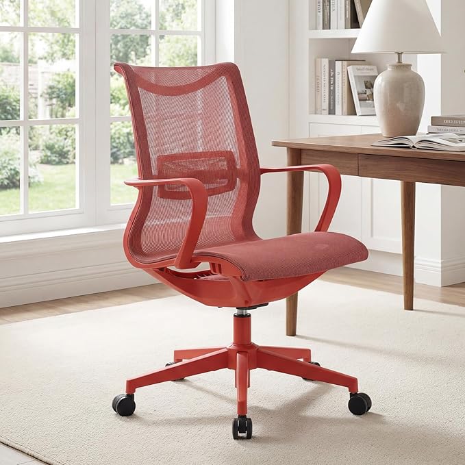 LuxErgo Ergonomic Mesh Office Chair, Mid Back Desk Chair with Lumbar Support & Armrests, Height Adjustable, 115° Recline, 360° Swivel Rolling Task Chairs for Home Office, Red