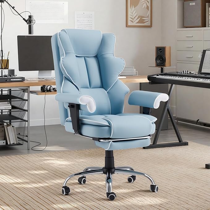 HOMREST Ergonomic Executive Office Chair with 6-Point Vibration & Heat - Reclining Managerial Chair with Adjustable Footrest and Armrests,Big and Tall Leather Home Office Desk Chairs(Airy Blue)