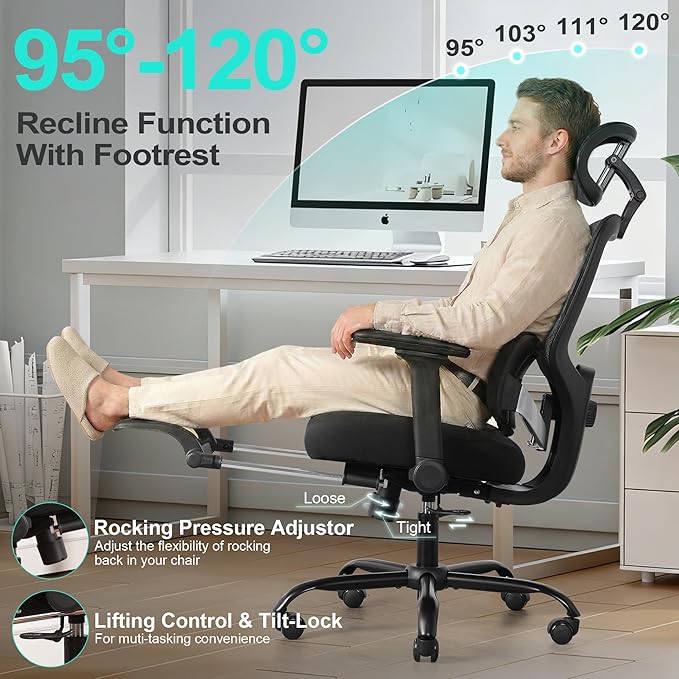 Ergonomic Office Chair with 4D Flip-Up Arms & Footrest, Mesh Desk Gaming Chair with 3D Headrest & 2D Floating Wing Lumbar Support, High Back Computer Chair for Home Office Vanity, Black