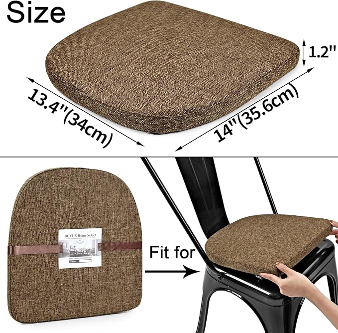 BUYUE Friendly Woven Fabric 14x14 Magnetic Cushions for Metal Chair Set of 4, Enhanced Anti-Slip Seat Pads for Dining Kitchen Café Stackable Chairs (U-Shape, Brown, 4 Counts)