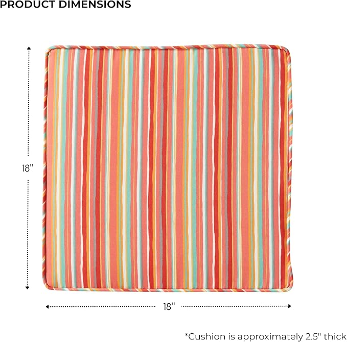 Outdoor 18 inch Square Patio Dining Chair Pads – Comfortable Fiber-Filled Seat Cushions with Ties, Reversible Polyester Fabric - Watermelon Stripe, Set of 4