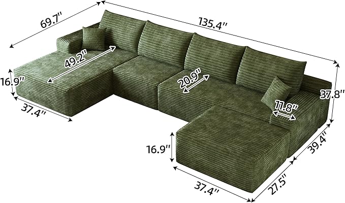 135" U Shaped Sectional Couch with Ottoman, Large Sectional Couches for Living Room, Plush Corduroy Convertible Sleeper Sofa, Compressed Foam Sofa in a Box No Assembly, Left Facing Chaise, Green
