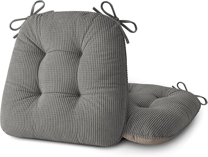 ELFJOY Dining Chair Cushions Set of 2 Thick Non Slip Kitchen Chair Pads with Ties Comfortable Indoor Kitchen Seat Cushions (18" x 18" x 3" Light Grey)