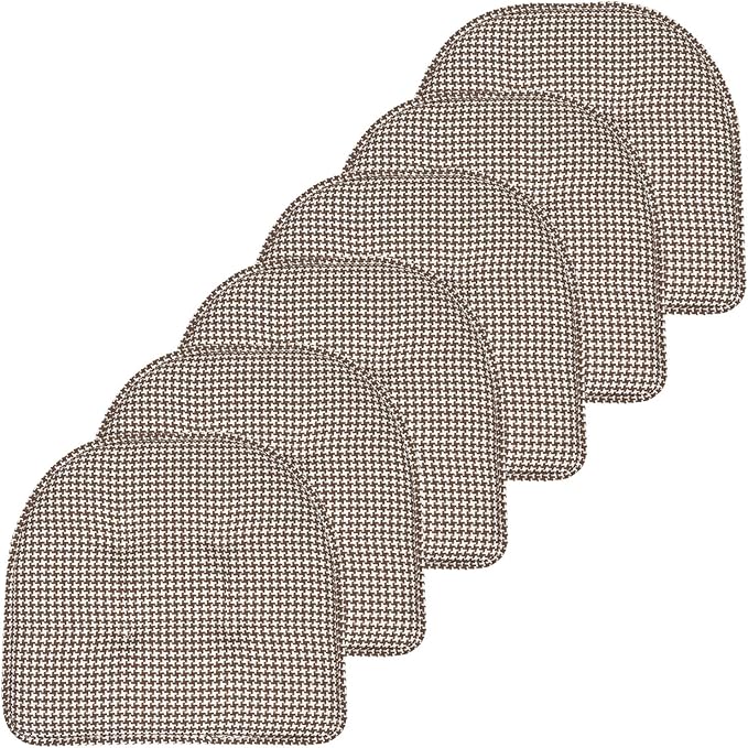 Sweet Home Collection Chair Cushion Memory Foam Pads Tufted Slip Non Skid Rubber Back U-Shaped 17" x 16" Seat Cover, 6 Pack, Houndsooth Brown