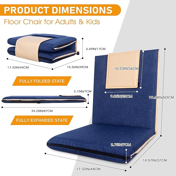 FASTMOMENT 14-Position Adjustable Floor Chair with Back Support - Portable Gound Seating for Adults & Kids, Foldable Meditation Chair with Japanese KOYO Bearings & Washable Linen Cover (Blue)