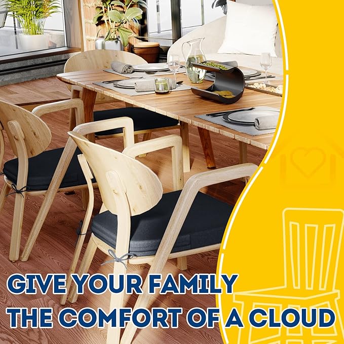 AAAAAcessories D-Shaped Chair Cushions, 2" Thick Dining Chair Pads with Ties and Removable, Machine-Washable Cover, 17" x 16", Set of 4, Charcoal Gray