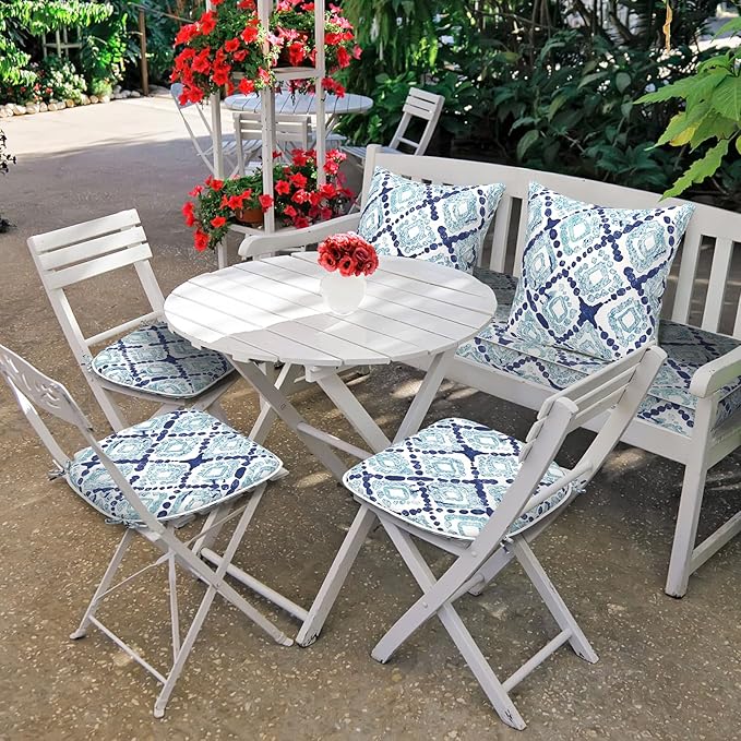 DYTXIII Set of 4 Outdoor Chair Cushions with Ties,Water Repellent Patio Chair Pads 17"x 16" for Outdoor Furniture,Round Corner Seat Cushions for Garden Yard Kitchen Boho Geometry Blue
