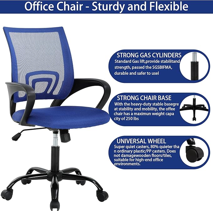 All-Day Comfort Office Chair - Breathable Mesh with Lumbar Support & Adjustable Height, Metal Base, Blue