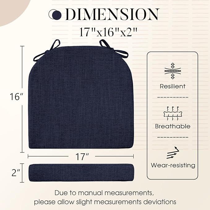 Basic Beyond Chair Cushions for Dining Chairs with Ties and Removable Cover, 2" Thick Seat Cushions for Kitchen Chairs, Set of 4, 17" x 16", Navy