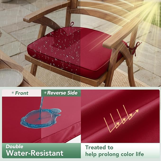 Outdoor Chair Cushions Set of 2: Waterproof & Fade Resistant Patio Furniture Cushions - 19 x 19 x 2 Inch Non Slip Round Corner Seat Cushion Pads with Removable Cover for Garden Yard Lawn, Burgundy