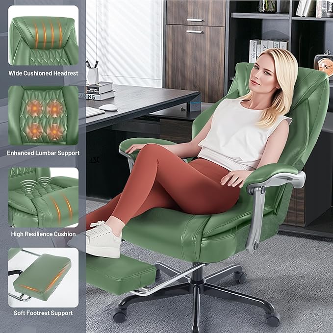 Massage Office Chair with Heat & Foot Rest, 6 Points Vibration, Ergonomic Executive Reclining Desk Chair, PU Leather Padded Seat for Home Office Comfort