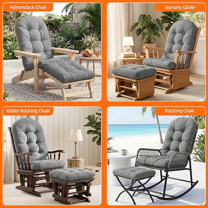 Adirondack Chair Cushion Set - Soft Chenille 2-Piece Seat & Ottoman Pad, Tufted Non-Slip Design, High-Density Foam Nursery Glider Cushions, All-Season Indoor/Outdoor Rocker Comfort,Light Grey