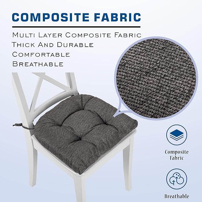 SQUARE MOON D-Shaped 3" Thick Chair Cushions, Chair Pads for Dining Chairs and Kitchen Chairs, Indoor Dining Room Seat Cushions with Ties, Machine Washable, 17" x 16" x 3", 4/Pack, Dark Grey