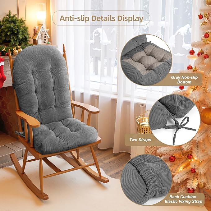 Rocking Chair Cushion - Corduroy Fabric, High-Density Sponge, Durable Comfort Non-Slip Bottom Tufted Seat Pads with Ties, Corduroy︱Grey, 44x19x4 inch