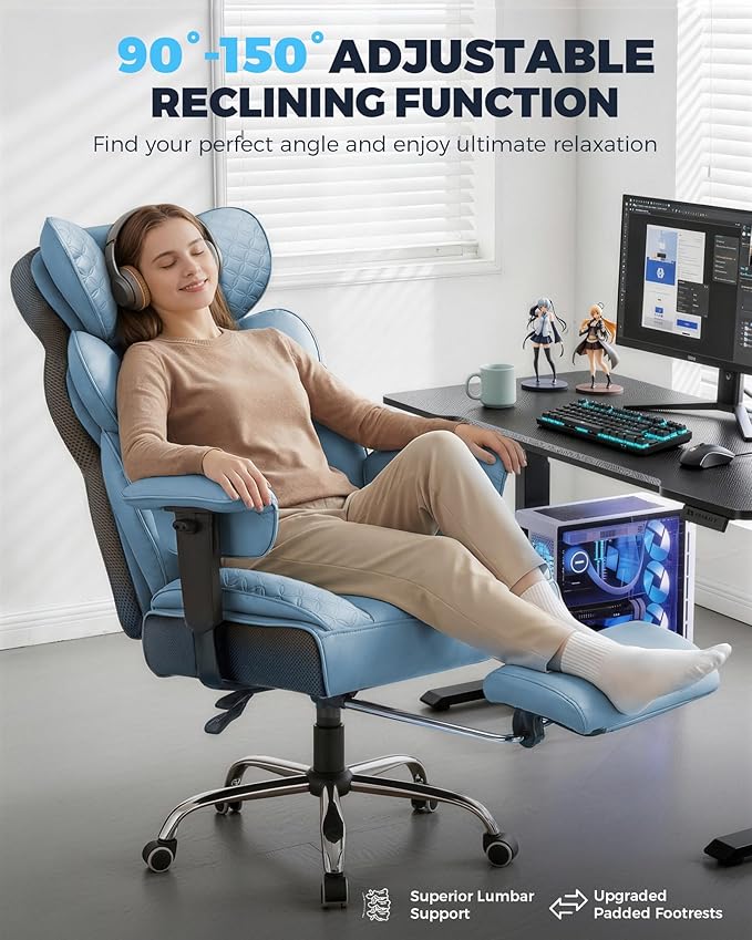 GTPLAYER Big and Tall Gaming Chair Ergonomic Heavy Duty Office Chair Racing Seat with Adjustable Lumbar Pillow Footrest 150° Reclining Thickened Armrests Breathable Mesh for Esports/PC Gaming