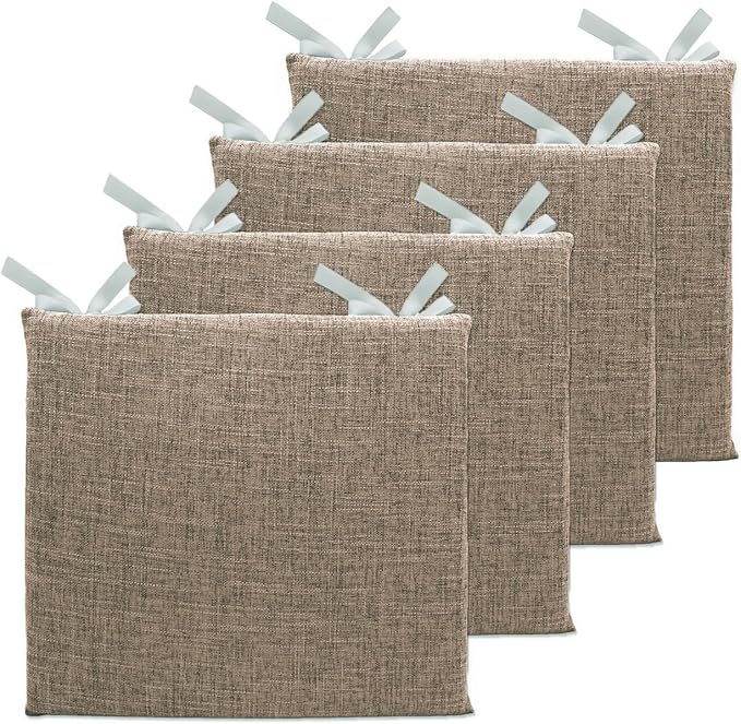 Lifup 4 Pack Chair Cushion Memory Foam Pads, Square Non-Slip Thick Dining Chair Cushions with Ties and Removable Cover for Home Office Restaurant Chair Pads Brown 15 x 14 Inch
