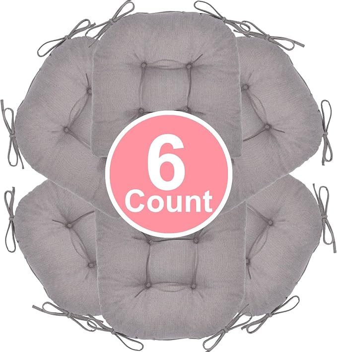Chair Cushion, Chair Cushions for Dining Chairs, Chair Pads and Mat with Ties for Indoor Kitchen Seat and Desk (Light Grey, 6 Count - 17 x 16 in)