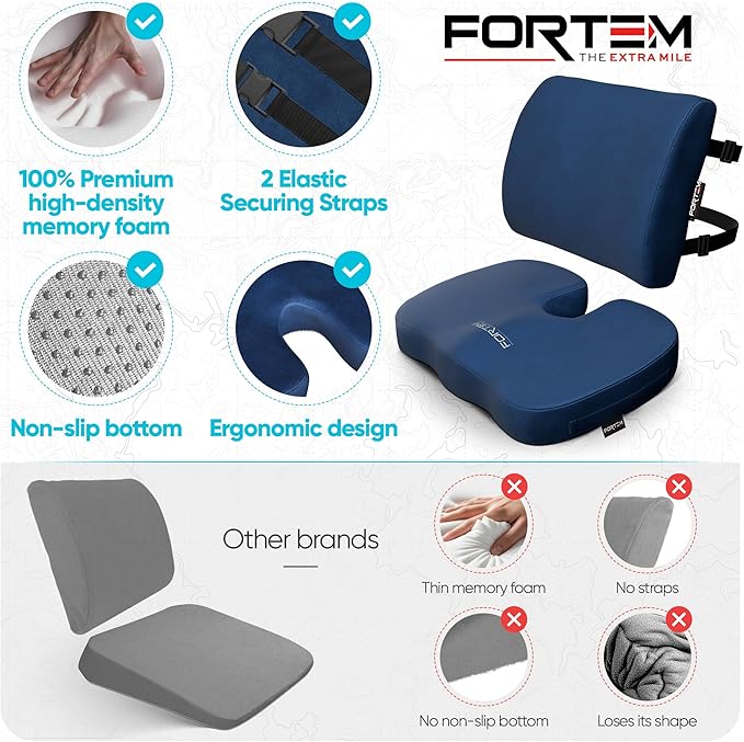 FORTEM Seat Cushion, Office Chair Cushion, Lumbar Support Pillow for Office Chair, Memory Foam Car Seat Cushions, Sciatica Coccyx Tailbone Pain Relief, Cushions for Back Support, Washable, Non Slip XL