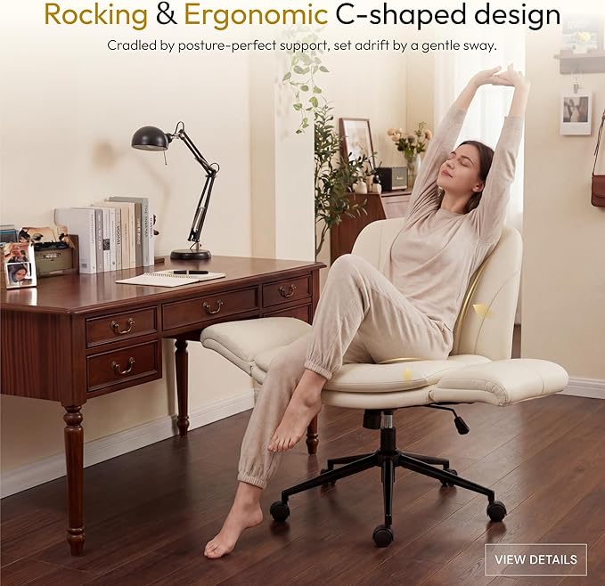 Dowinx Criss Cross Chair with Five-Level Adjustable Arms and Wheels - Comfortable Ergonomic PU Leather Swivel Vanity Chair - Computer Makeup Gaming Chair for Home Office, Bedroom, Vanity Room (Khaki)