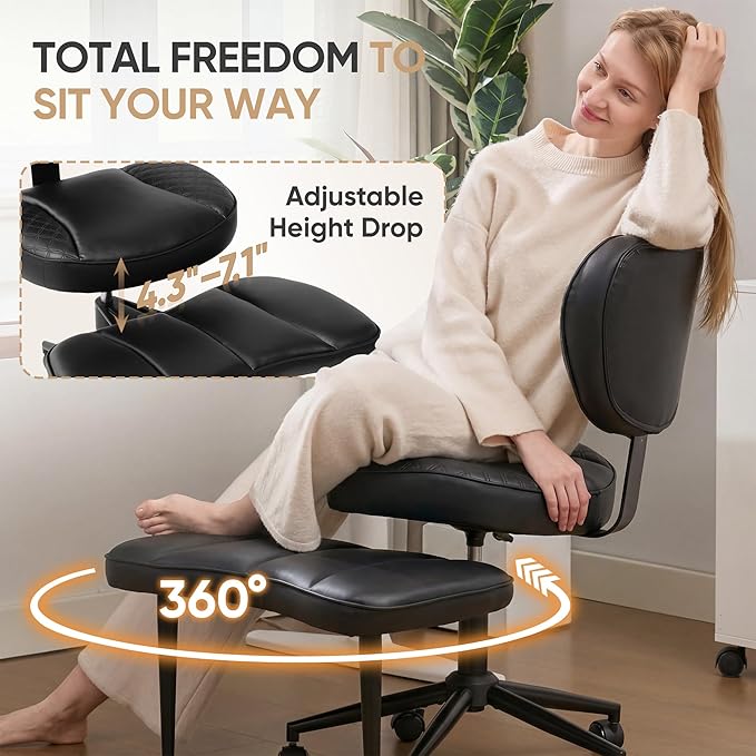 Criss Cross Office Chair with Wheels, Adjustable-Height Backrest & Swivel Footrest, Ergonomic Cross Legged Office Chair with Leg Rest for Kneeling Meditation Yoga ADHD (Black Leather)