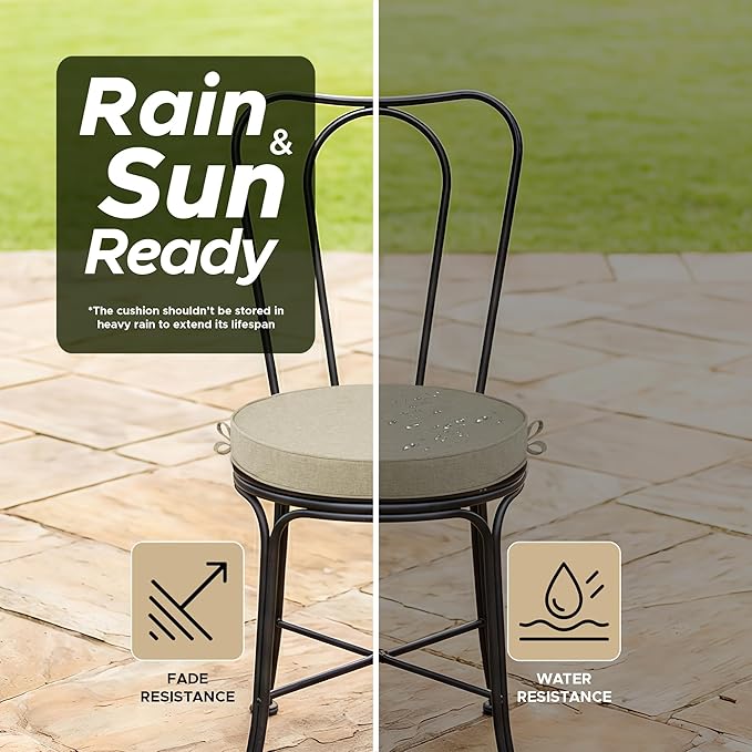 Outdoor Round Chair Cushions 15 Inch, Fade-Resistant & Water-Resistant, Bistro Chair Seat Pads for Porch Garden Balcony Patio Furniture Stools, Non-Slip Bottom, Set of 4, Beige