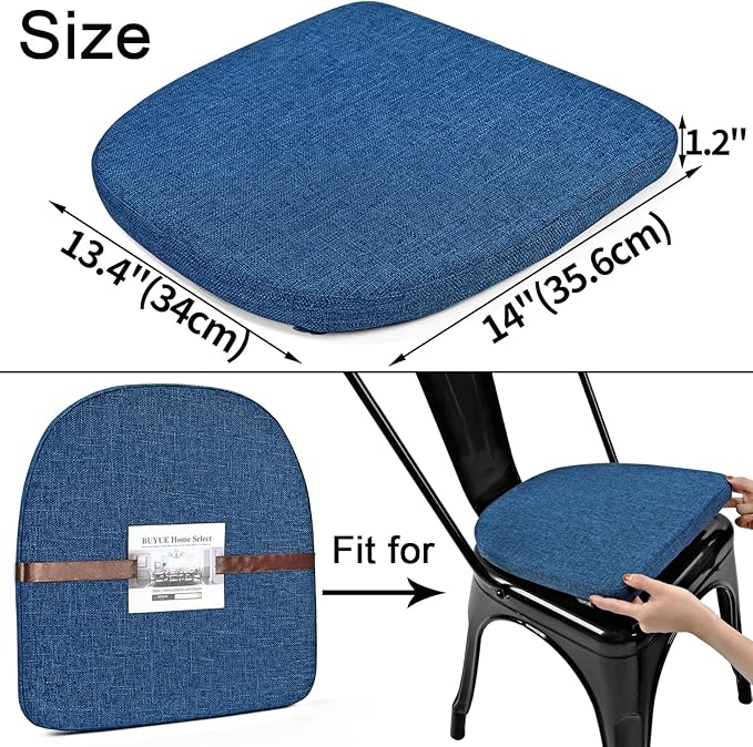 BUYUE Friendly Woven Fabric 14x14 Magnetic Cushions for Metal Chair Set of 4, Enhanced Anti-Slip Seat Pads for Dining Kitchen Café Stackable Chairs (U-Shape, Dark Blue, 4 Counts)
