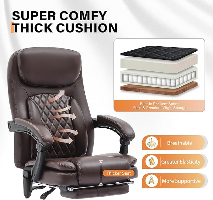 500LBS Massage Office Chair, 6 Points Vibration & Heat Executive Office Chairs, 135°Reclining Comfy Desk Chair with Foot Rest, Wider & Thicker Seat Cushion, PU Leather Big and Tall Gaming Chair, Brown