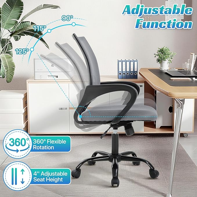 Ergonomic Office Chair Mesh Mid Back with Lumbar Support Armrest, Adjustable Home Desk Chair Comfy Computer Task Drafting Rolling Swivel Chairs for Gaming, Home Work, Study, Grey