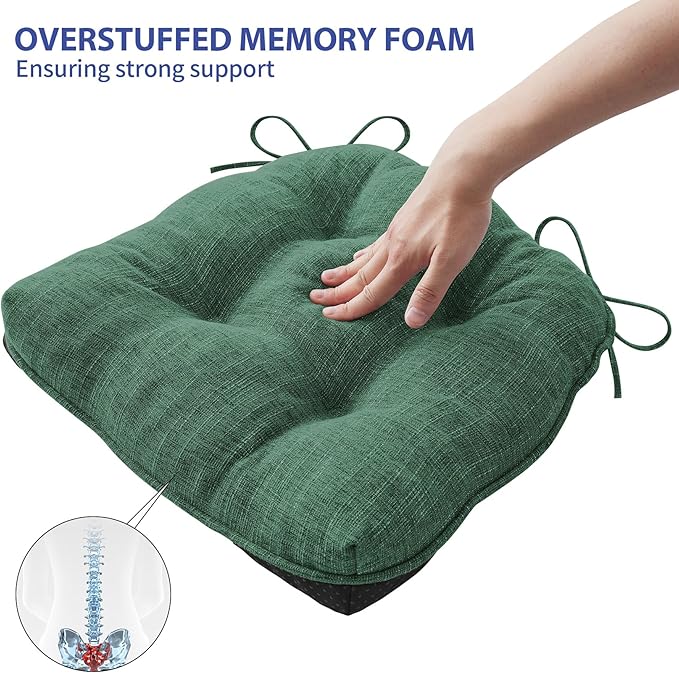 IPYNBAP Chair Cushions for Dining Chairs Set of 6, Kitchen Chair Cushions, Chair Pads with Ties Non Slip Backing, Christmas Room Decor, Tufted Memory Foam Seat Cushion 6 Pack, 15.5x15.5x4, Dark Green
