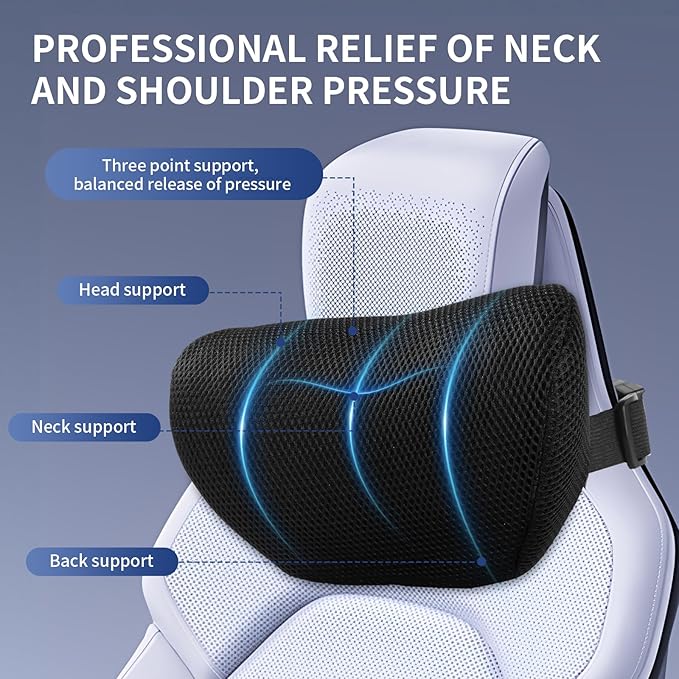 Car Neck Pillow, Memory Foam Headrest Pillow for Driving with Adjustable Strap, Soft Breathable Removable Mesh Cover, Ergonomic Design for Office Chair and Driving, Black