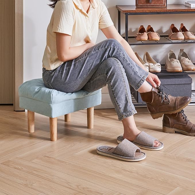 YMYNY 15.75" Small Footstool Ottoman, Footrest with Sponge Padded Seat, Step Stool for Sofa, Bedroom, Living Room, Entryway, Modern Change Shoes Stool, Wood Legs, Light Blue UHBD023BL