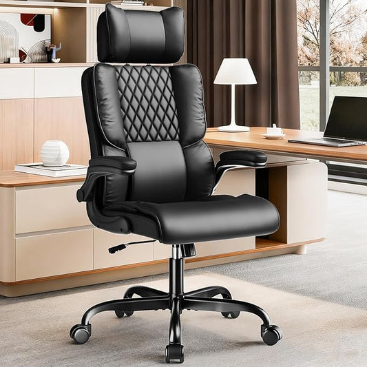 Sytas Ergonomic Office Chair with Adjustable Headrest, Executive Leather Desk Chair with Upgraded Lumbar Support for Lower Back Pain Relief, Thickened Backrest Computer Chair for Home Office, Black