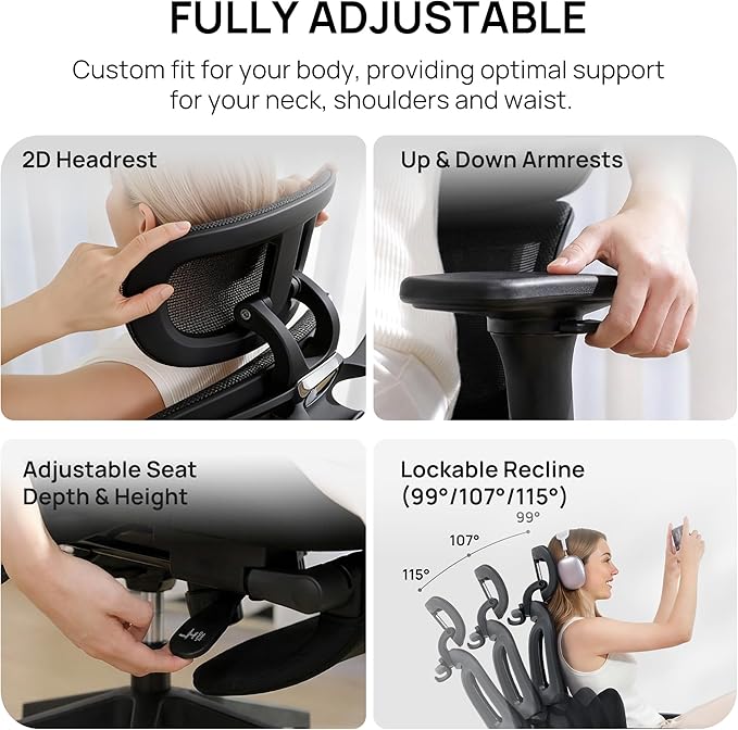 CabLady S1 Petite Ergonomic Home Desk Chair with Footrest and Headrest, High Back Fixed Lumbar Support with Detachable Pillow, Reclining Cute Office Chair for Women & Girls, 300 LBS Capacity