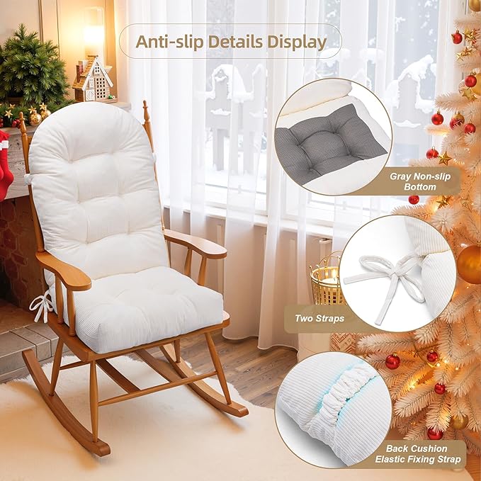 Rocking Chair Cushion - Corduroy Fabric, High-Density Sponge, Durable Comfort Non-Slip Bottom Tufted Seat Pads with Ties, Corduroy︱White, 44x19x4 inch