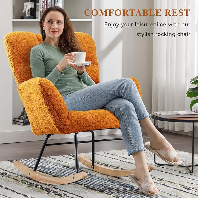 FOXHUNTER Rocking Chair Nursery Teddy Upholstered Glider Rocker High Backrest Nursery Rocker Comfortable Stylish Accent Armchair for Living Rooms Bedrooms Offices (Teddy Caramel)
