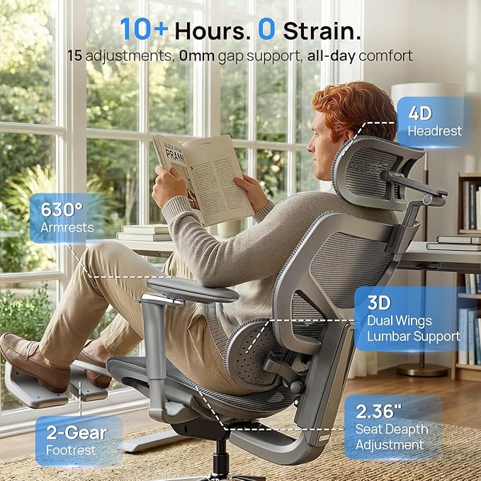 Ergonomic Office Chair with Lumbar Support - Over 10 Hours Sitting Comfortable, Mesh Big and Tall Home Computer Desk Chairs, 4D Headrest, 2-Gear Footrest, 630° Armrst, Seat Depth Adjustable
