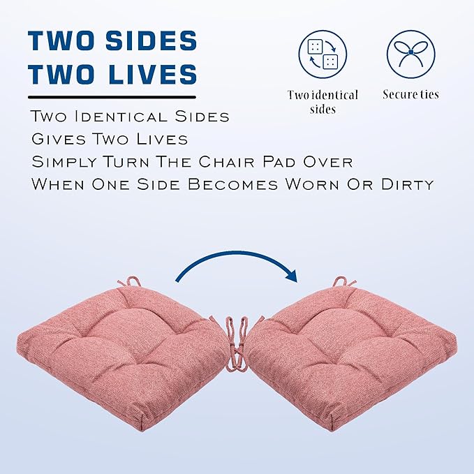 SQUARE MOON D-Shaped 3" Thick Chair Cushions, Chair Pads for Dining Chairs and Kitchen Chairs, Indoor Dining Room Seat Cushions with Ties, Machine Washable, 17" x 16" x 3", 4/Pack, Dark Pink