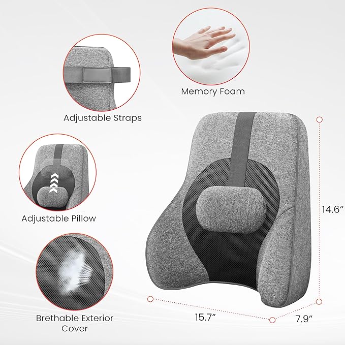 COMFIER Lumbar Support Pillow for Office Chair, Lumbar Back Support with 4 Shiatsu Massage Heads & Heat, Memory Foam Lumbar Pillow for Computer Gaming Chair-Dark Gray