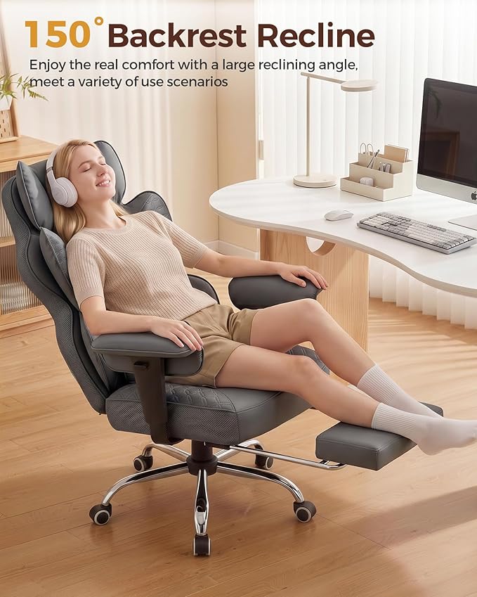 COMHOMA Big and Tall Office Chair Heavy Duty Gaming Chair with Deluxe Embossing Leather High Back Wider Ergonomic Computer Chair with Foot Rest 150°Reclining Pocket Spring Lumbar Support
