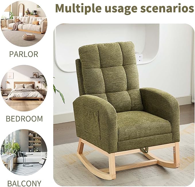 40" Fabric Nursing Rocking Chair, Nursery Chairs with Adjustable Foot Rest, High Backrest Upholstered Arm Chair with Side Pockets, Wood Rocking Chair for Living Room, Bedroom, Baby Room (Cyan 1)