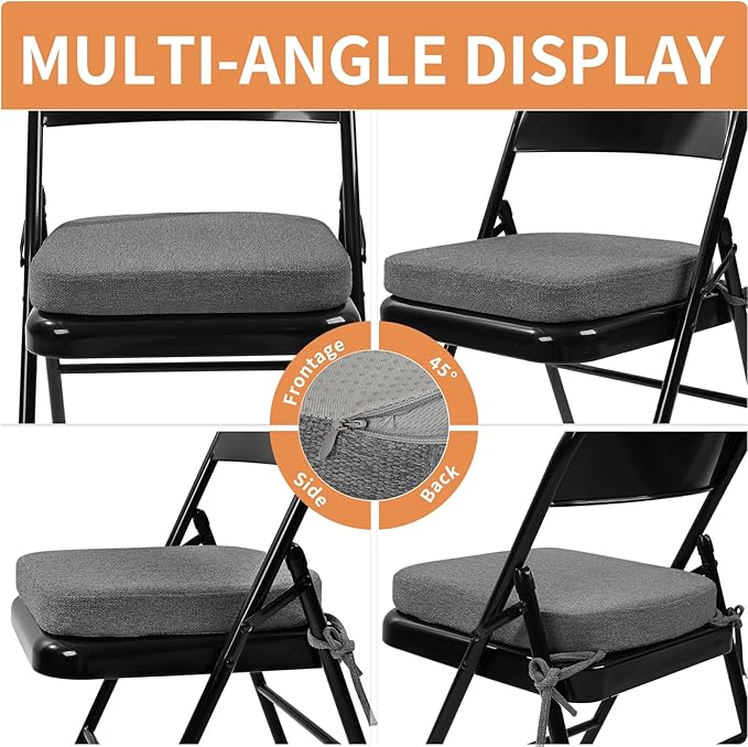 SINOSSO Memory Foam Chair Cushions for Folding Chairs 4 Pack, Thickened 2" Square Pads with Ties for Kitchen Chairs, Indoor Non-Slip Dining Chair Seat Cushions (Set of 4, Dark Grey)
