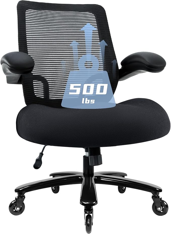 Kassipo 500LBS Big and Tall Office Chair with Flip-Up Armrests, Heavy Duty Office Chair for Heavy People, Memory Foam Seat Filling Springs, Black
