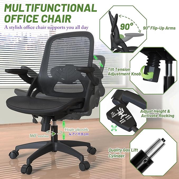 Full Mesh Home Office Desk Chair with Flip Up Arms Height Adjustable Lumbar Support Swivel Wheels for Adult