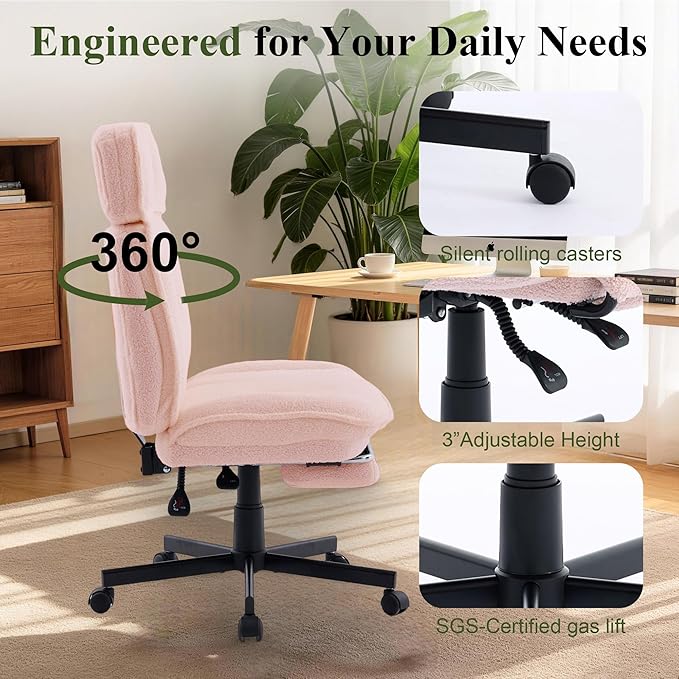 Criss Cross Chair with Wheels, Wide Seat Cross Legged Office Chair with Footrest, Adjustable Headrest & Reclining Backrest, Upholstered Ergonomic Desk Chair for Home Office, Gaming, Vanity (Pink)